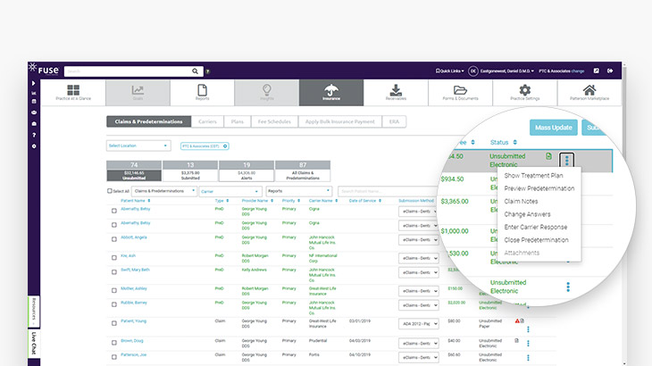 Screenshot of the insurance smart screen using Fuse dental practice management softare