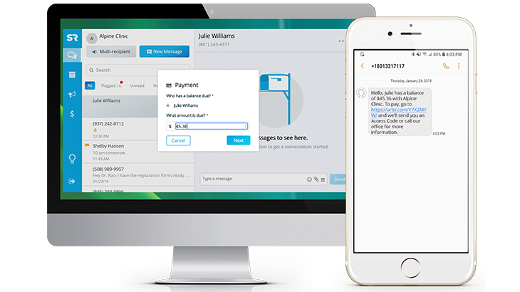 Mobile view of payment due message from Solutionreach patient communication software