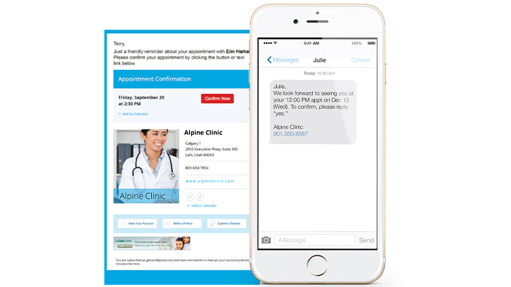 Solutionreach appointment reminder message shown on desktop and phone