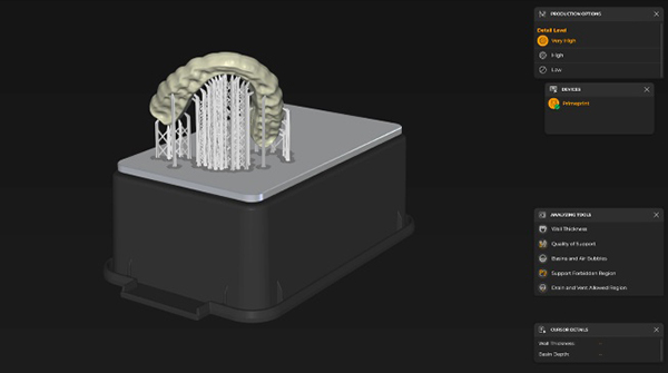 Positioning of the printed object in the software for the Dentsply Sirona Primeprint 3D printer