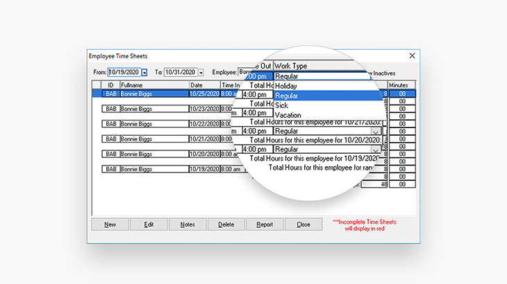 Screenshot of Eaglesoft dental practice management software showing the tracking of team hours and PTO