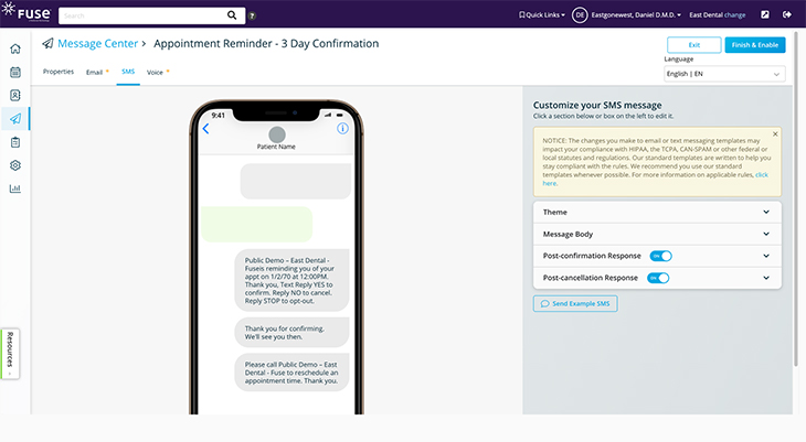 Screenshot of Fuse dental practice management software showing the electronic reminder feature