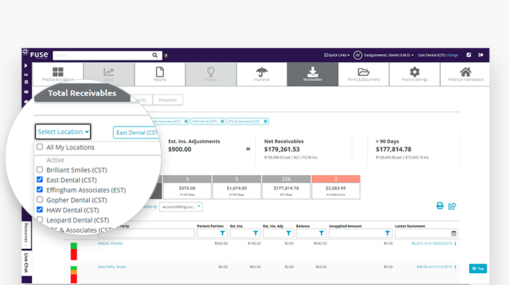 Screenshot of Fuse software showing aging balances in the accounts receivable smart screen