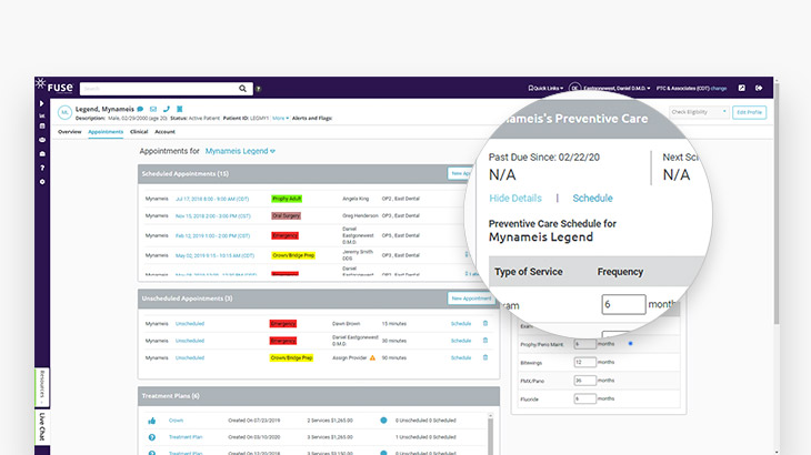 Screenshot of preventive care management using Fuse dental practice management software