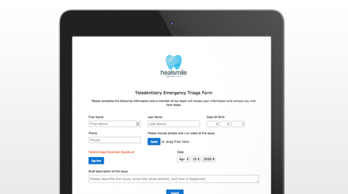 Teledentistry emergency triage form on tablet screen