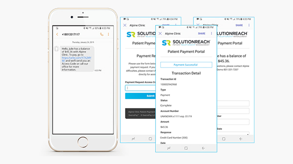 Phone screen views of Solutionreach dental patient communication software